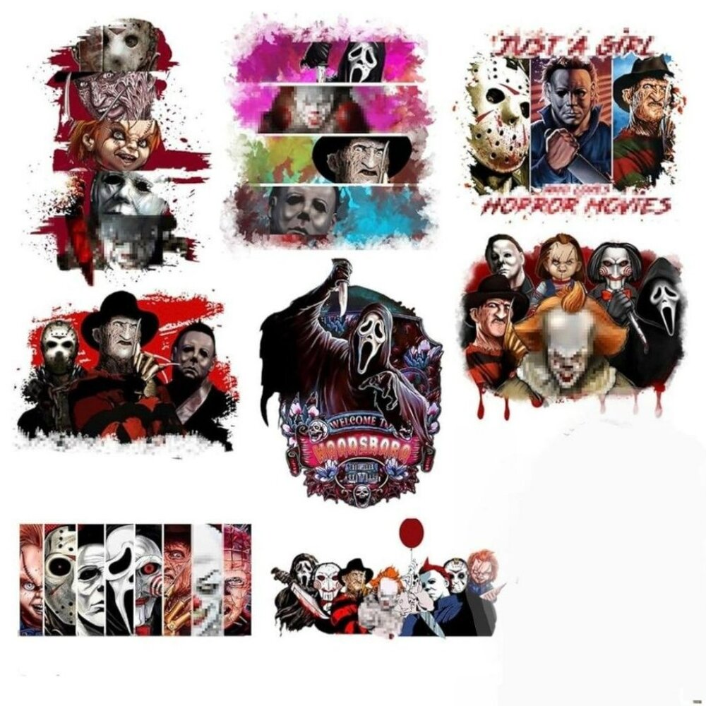 8pcs Horror Themed Large Iron-On Transfers, Halloween Horror Movie Patches
